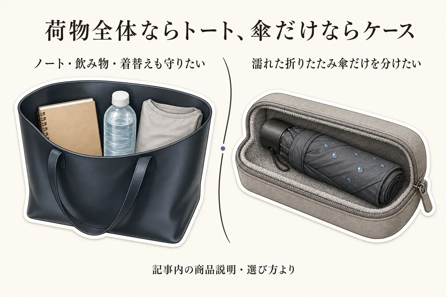 ノート・飲み物・着替えを入れたトートバッグと、濡れた折りたたみ傘を収めた傘ケースを並べ、荷物全体ならトート、傘だけならケースと示す図。記事内の商品説明・選び方より