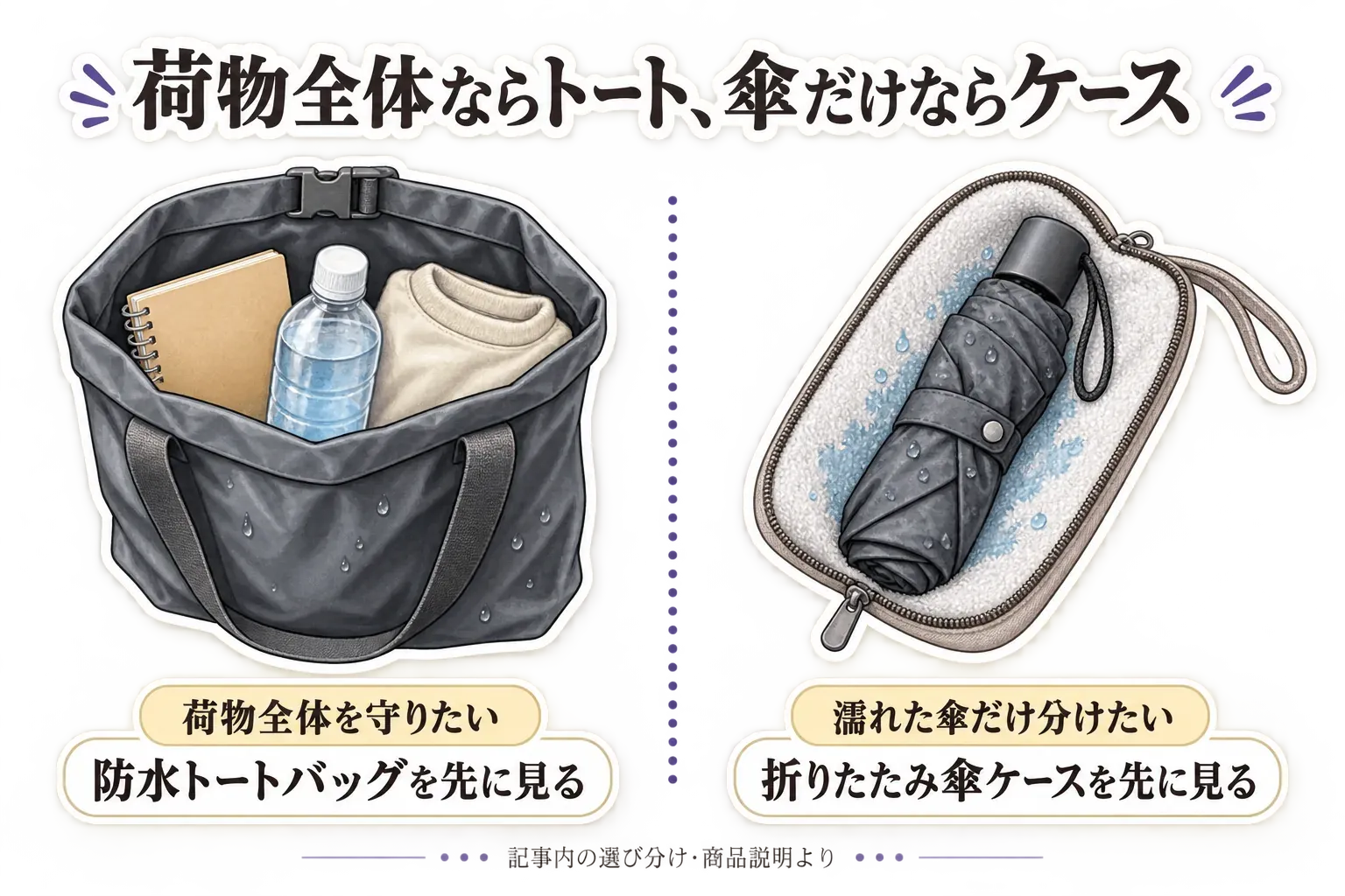 荷物全体を守りたい場合はノート・飲み物・衣類を入れた防水トートバッグを、濡れた折りたたみ傘だけを分けたい場合は吸水素材の傘ケースを選ぶことを示した図。記事内の商品説明より