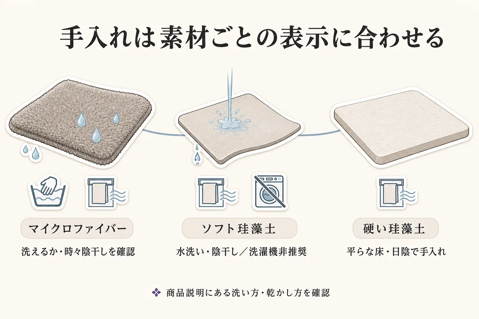 マイクロファイバーは洗濯可否と時々の陰干し、ソフト珪藻土は水洗い・陰干しと洗濯機非推奨、硬い珪藻土は平らな床で日陰干しを確認する手入れ方法の図。商品説明にある洗い方・乾かし方より
