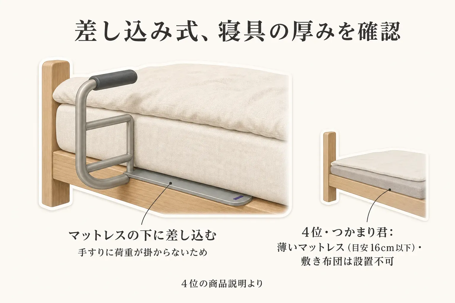 マットレス下に差し込むベッド用手すりと寝具の厚みの関係を示す図。マットレスの重さで差し込み部を押さえる必要があり、薄いマットレスや敷き布団では荷重不足となって設置できない場合があることを示している。