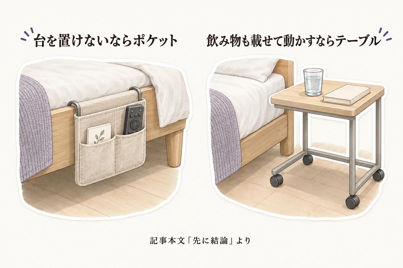 ベッド脇に吊り下げたポケットへ連絡先カードとリモコンを入れる場面と、キャスター付きサイドテーブルの天板に飲み物と本を載せる場面を並べ、台を置けないならポケット、飲み物も載せて動かすならテーブルと示す比較図。記事本文「先に結論」より