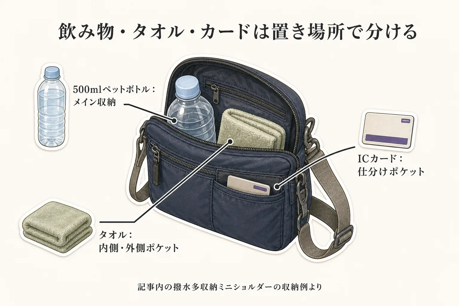飲み物・タオル・カードを収納場所で分ける例を示す図。500mlペットボトルはメイン収納、タオルは内側・外側ポケット、ICカードは仕分けポケットに入れる。記事内の撥水多収納ミニショルダーの収納例より