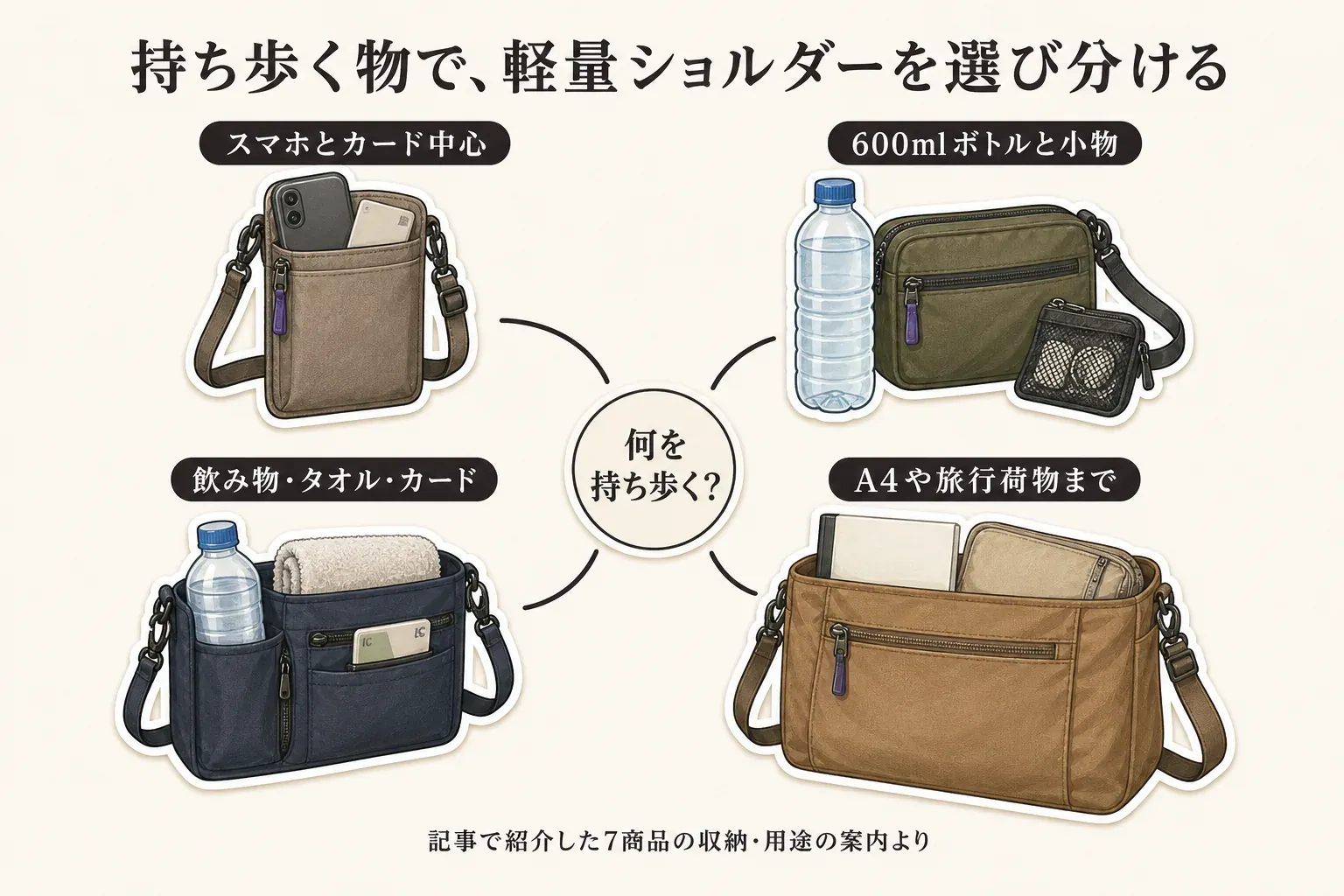 持ち歩く物別に軽量ショルダーバッグを選び分ける4例を示す図。スマホとカード中心、600mlボトルと小物、飲み物・タオル・カード、A4や旅行荷物までの用途を示す。記事で紹介した7商品の収納・用途の案内より