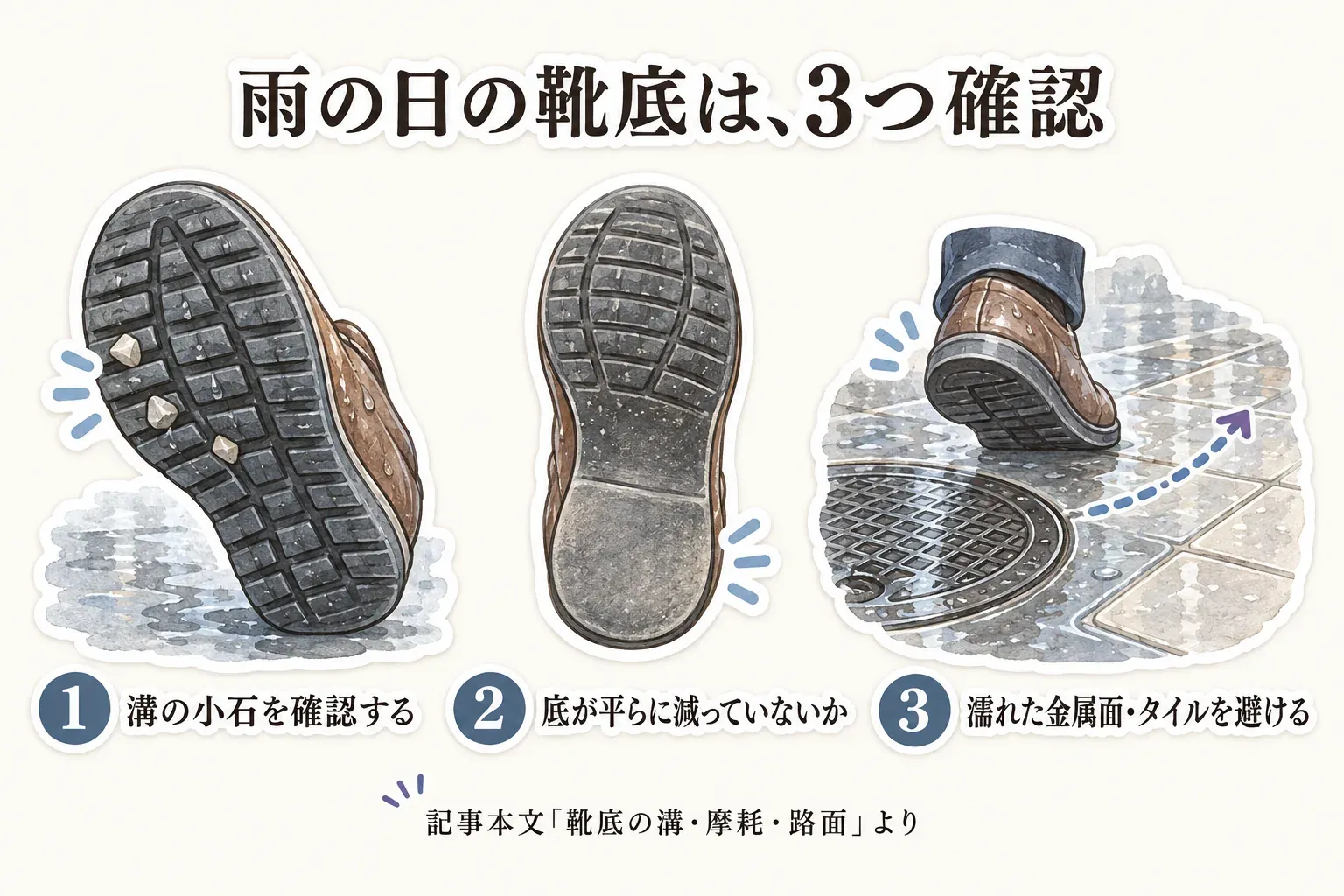 雨の日の靴底は、溝に小石が詰まっていないか、底が平らに減っていないか、濡れたマンホールなどの金属面やタイルを避けられるかを確認する3つのポイントを示す図。記事本文「靴底の溝・摩耗・路面」より