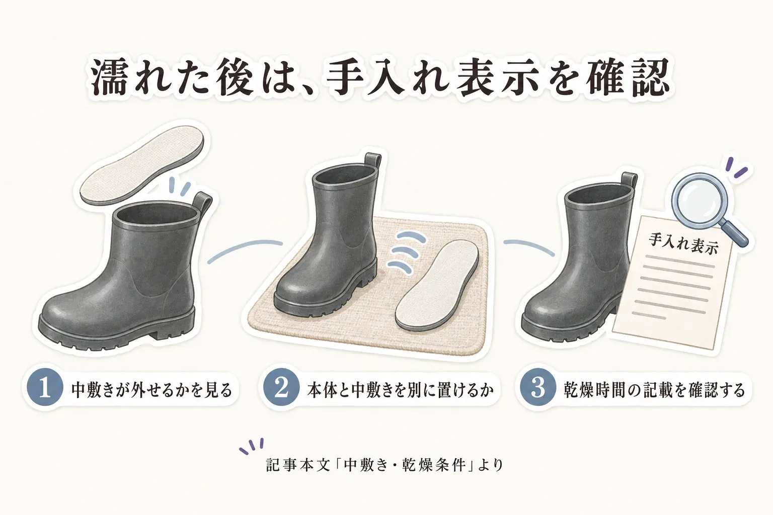 濡れたレインシューズは、中敷きを外せるか、本体と中敷きを分けて置けるか、乾燥時間の記載を確認する3つの手入れポイントを示す図。記事本文「中敷き・乾燥条件」より