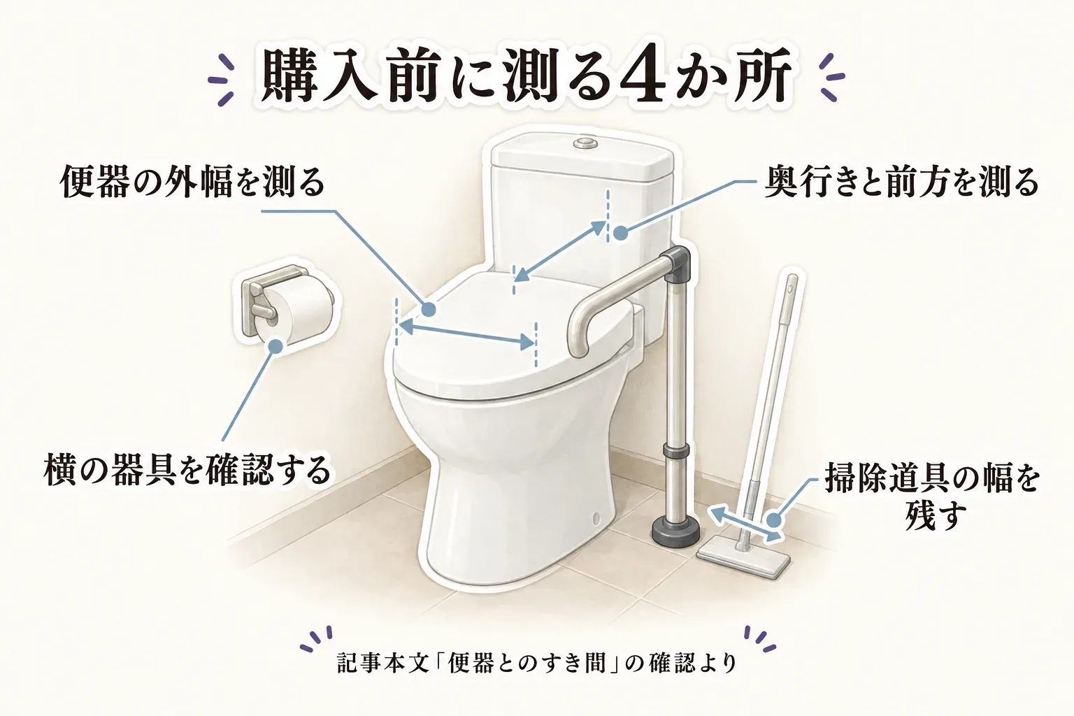 購入前に便器の外幅、奥行きと前方、横の器具、掃除道具の幅の4か所を測るトイレ用手すりの確認図。記事本文「便器とのすき間」の確認より