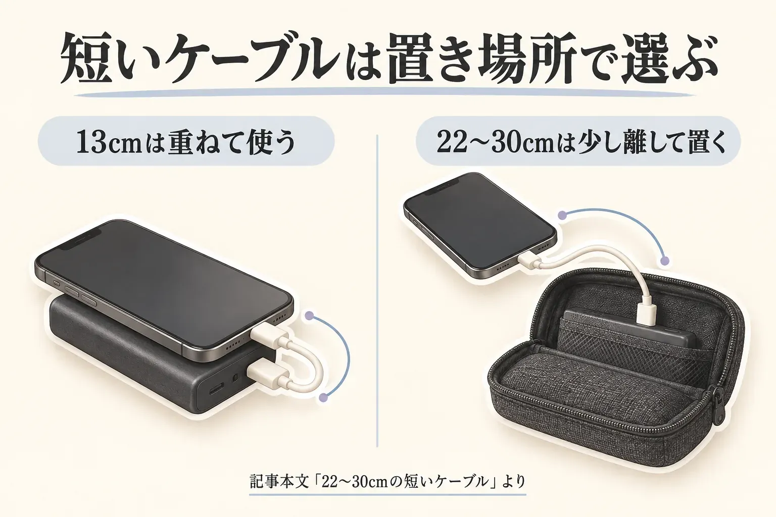 スマホとモバイルバッテリーを重ねて使う13cmの短いケーブルと、ポーチ内のバッテリーから少し離したスマホへつなぐ22〜30cmのケーブルの置き方を比較した図。記事本文「22〜30cmの短いケーブル」より